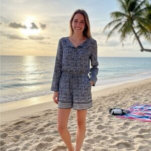 LOFT Navy and White Women's Romper